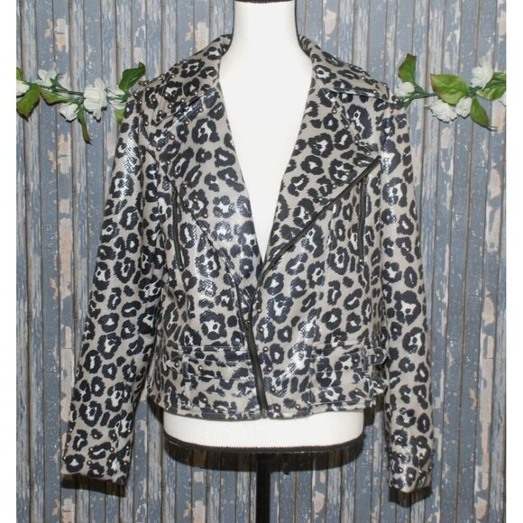 NWT Crazy Train Leopard Print Moto Jacket Size M Zip Up Studded Vegan Leather - Picture 1 of 12